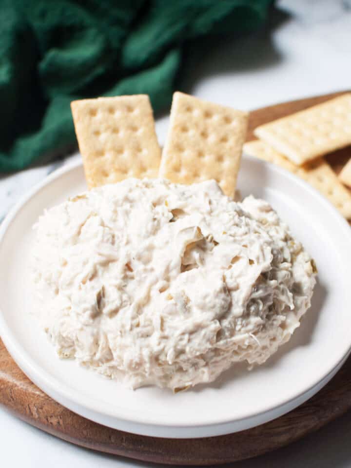 Copycat Chicken Salad Chick Jalapeno Holly chicken salad on a plate with crackers