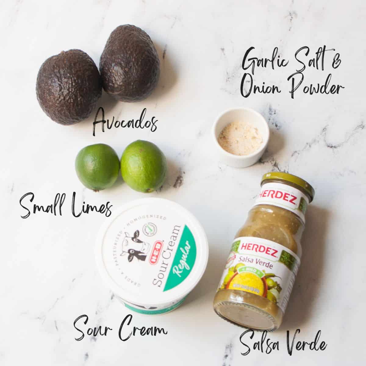 The ingredients needed to make Creamy Green Avocado Dip.