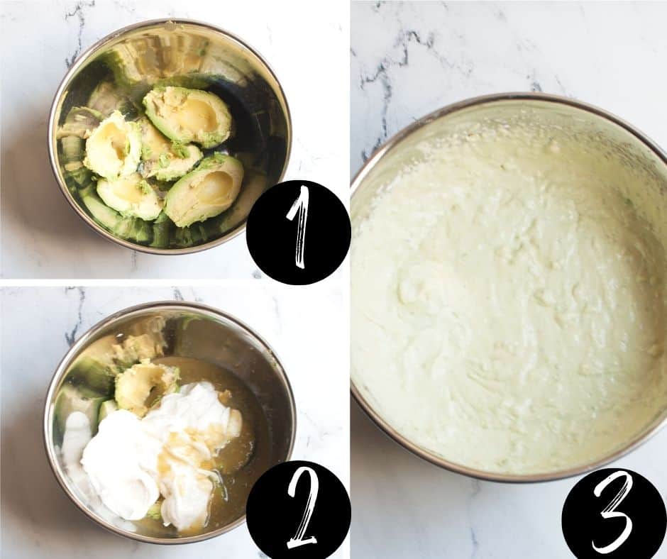 Step by step collage on how to make creamy green dip. There are three steps labeled. 