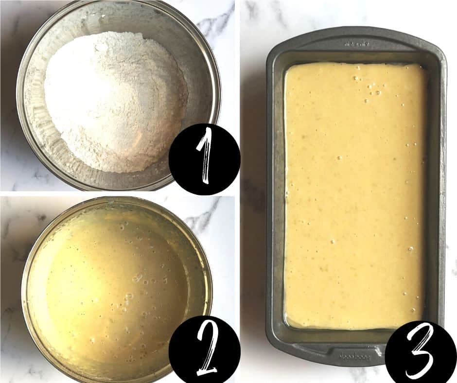 Step by step guide on how to make copycat Starbucks banana bread. There is a collage with three steps labeled. 