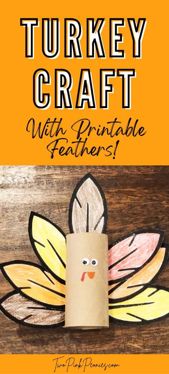 Image with text that says Turkey Craft with printable feathers below is an image of a turkey craft made with printable feathers and a toilet paper tube roll. 