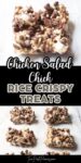 Text that says Chicken Salad Chick Rice Crispy Treats. Above and below the text are photos of rice crispy treats with chocolate and plain cereal, marshmallows, and chocolate chips in them.