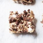 One Copycat Chicken Salad Chick Rice Crispy Treat on a white background.