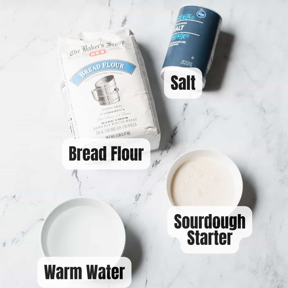 The ingredients needed to make sourdough bread without a scale.