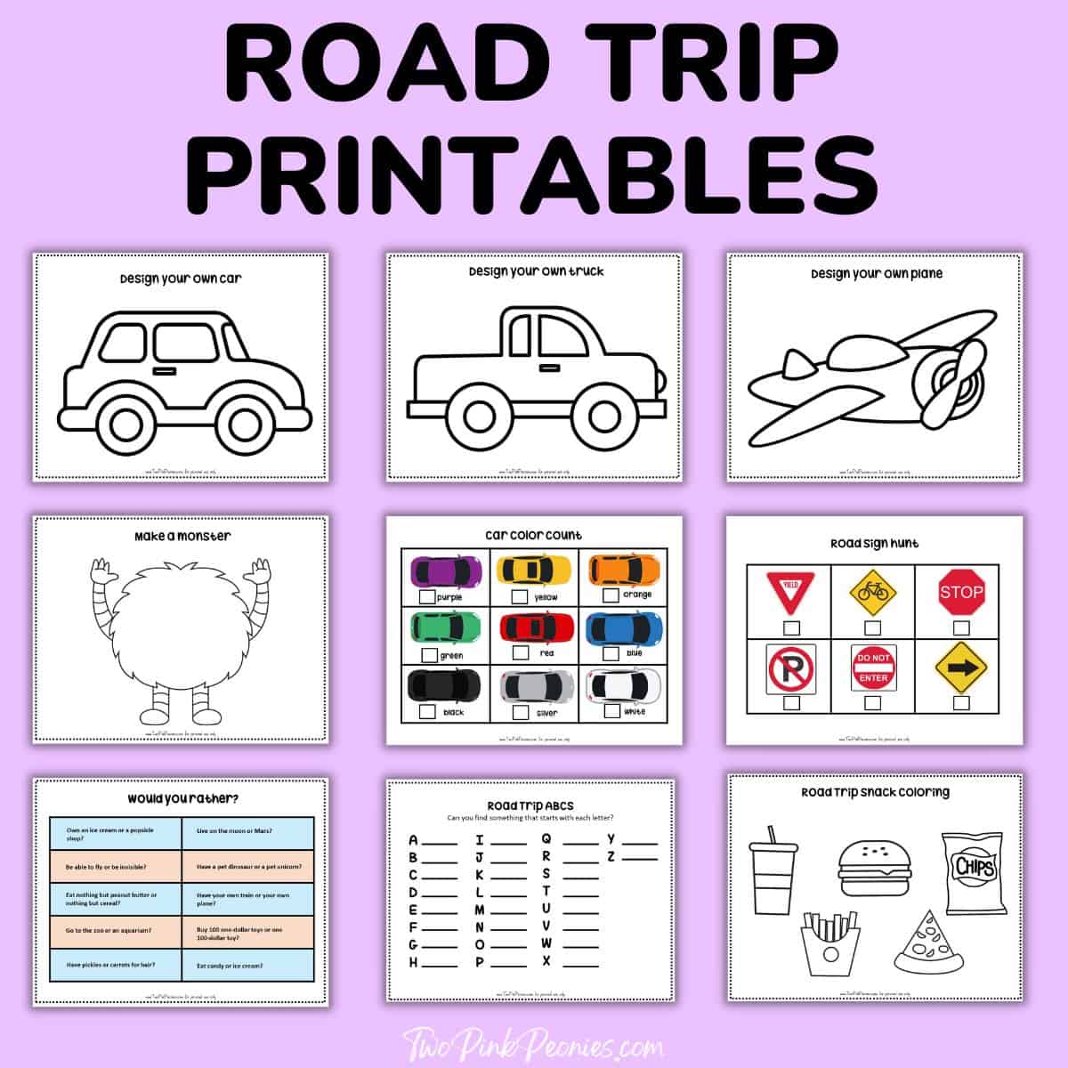 Text that says road trip printables with mock ups of printables for a road trip for preschoolers under it.