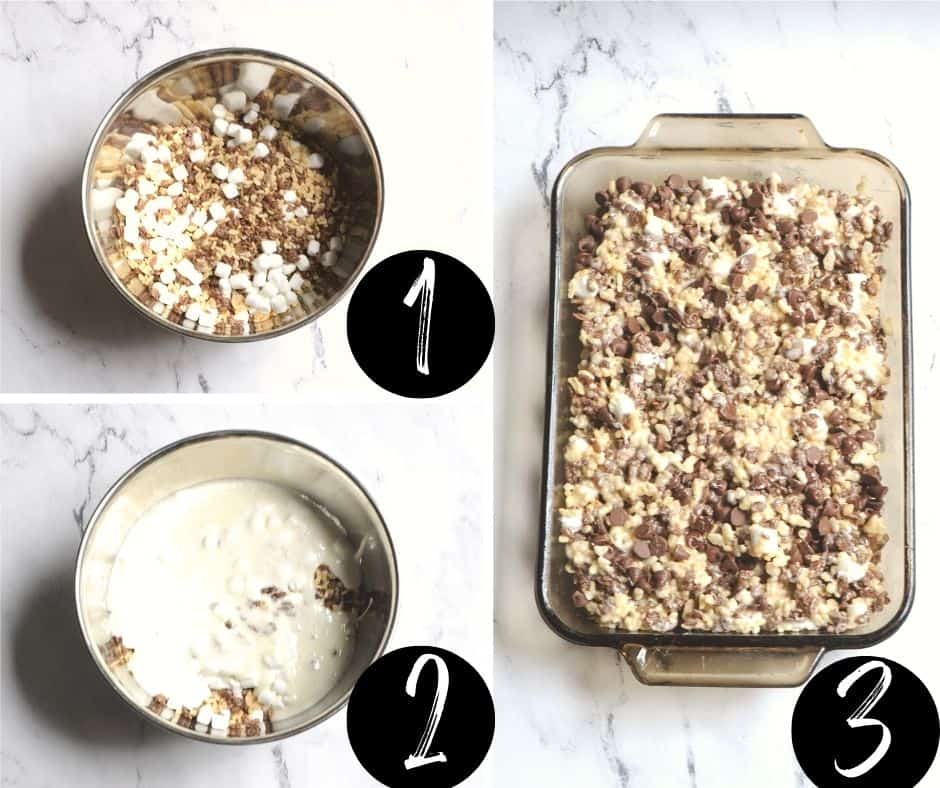 A step by step guide on how to make Copycat Chicken Salad Chick Rice Crispy Treats. There is a collage with three steps listed.