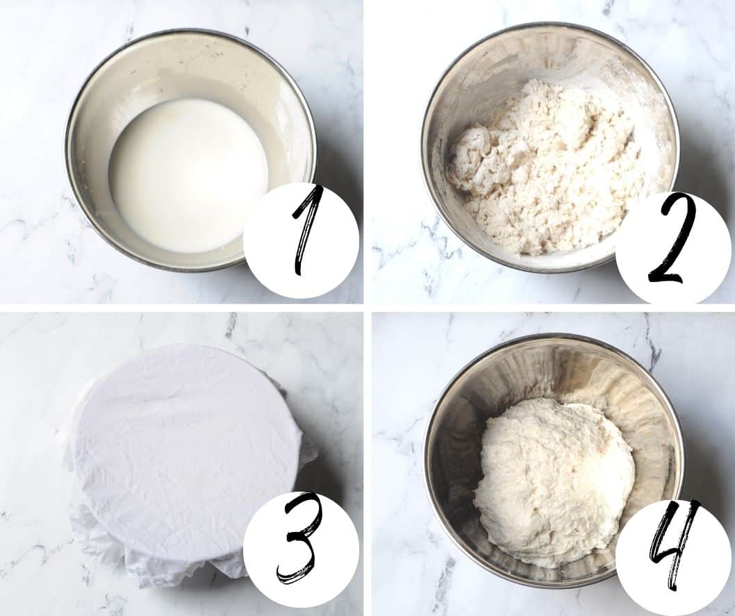 A collage with four steps labeled 1 through 4 on how to make sourdough bread without a scale.