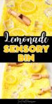 Text that says lemonade sensory bin. Above and below are photos of a A lemonade sensory bin (rice dyed yellow with toy lemon slices, ice cubes and wooden scoops).
