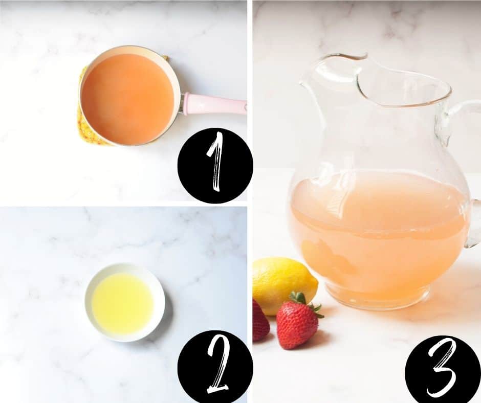 Step by step guide on how to make Copycat Wendy's Strawberry Lemonade. There is a collage with three images labeled.