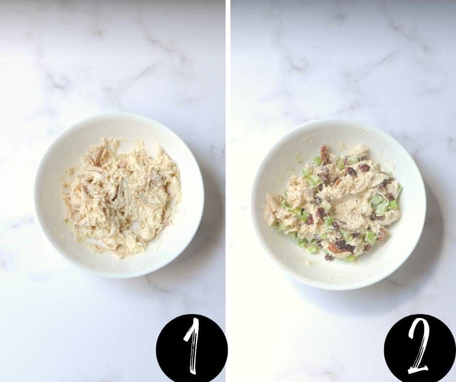 A collage showing two steps on how to make copycat McAlister's chicken salad.