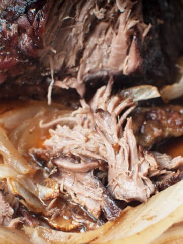 Up close view of shredded pot roast and onion.