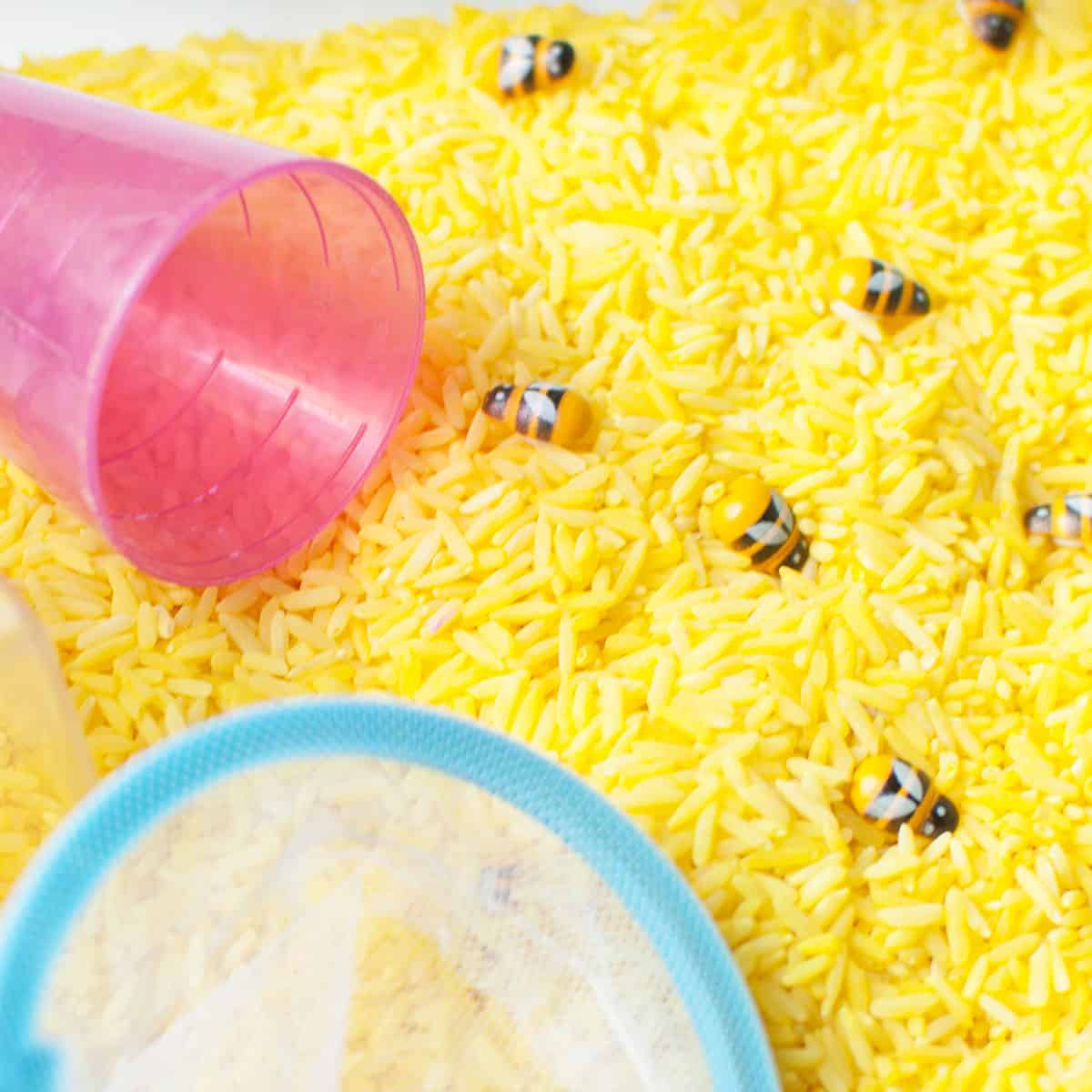 A bee sensory bin. It is a sensory bin made from rice that has been dyed yellow, small bee toys, scoops, and a bug catching kit.