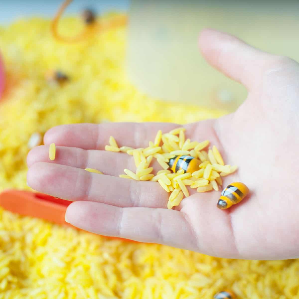 A young child's hand holding some of the rice and small bees from the sensory bin.