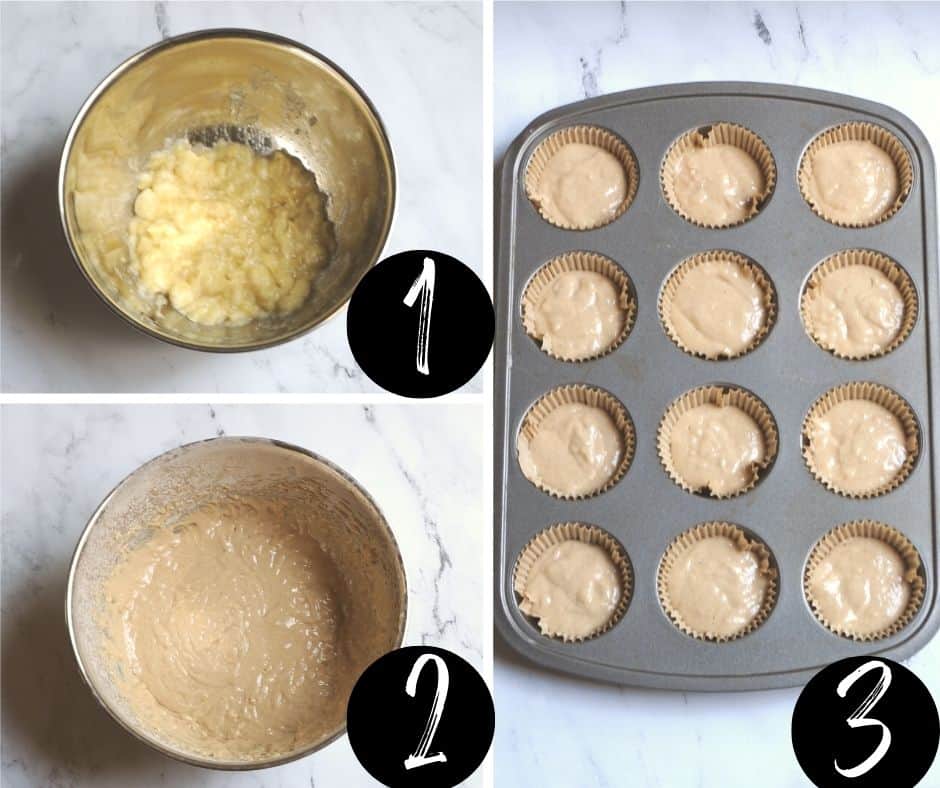 step by step guide on how to make Amish banana muffins