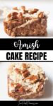 Text that says Amish Cake. Above and below the text are images of a slice of Amish cake which is an oatmeal cake with coconut and pecan topping.