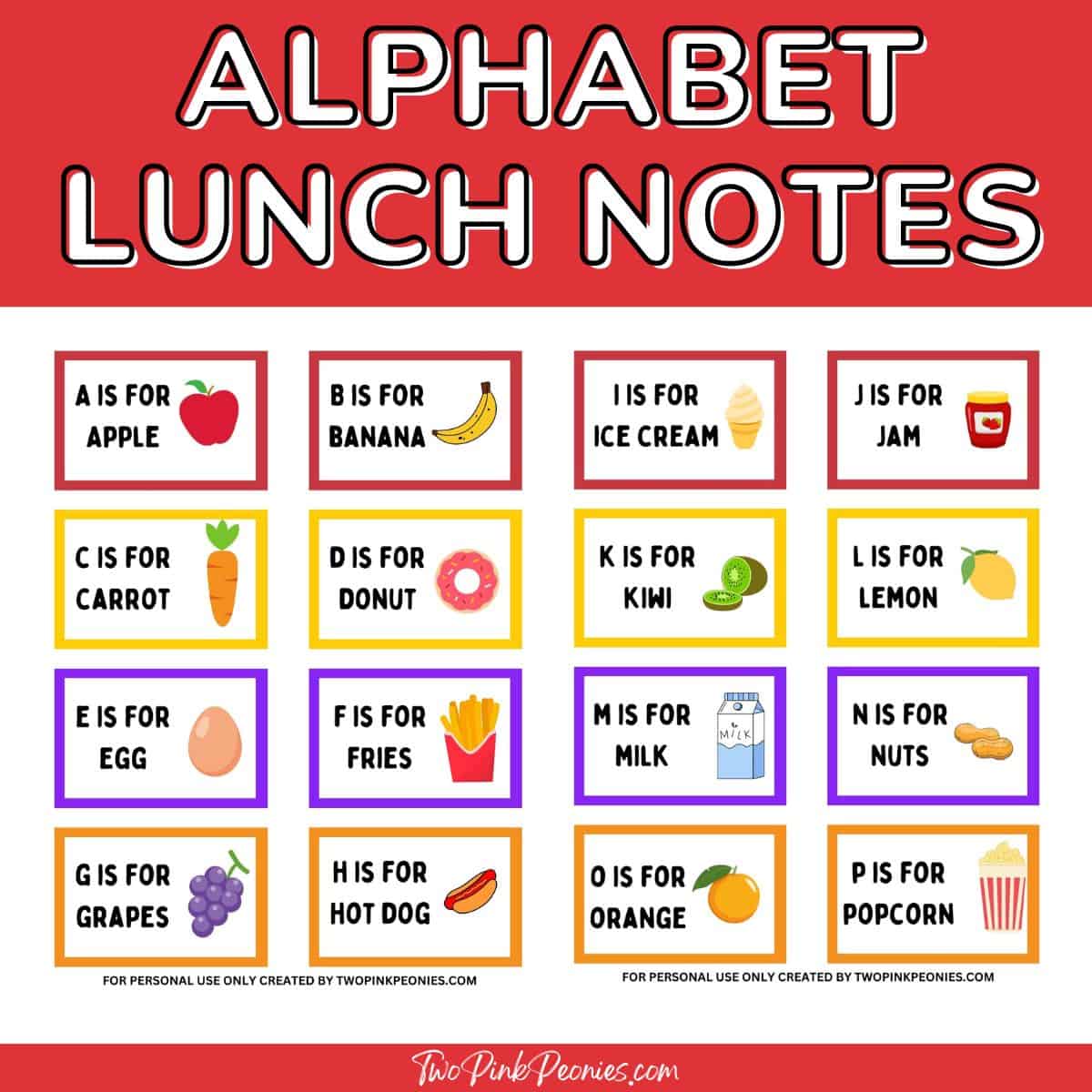 Text that says alphabet lunch notes with mock ups for letters A through P notes.