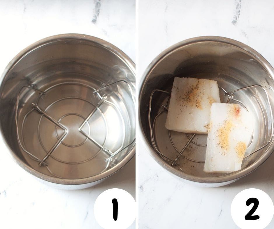 A collage with two steps showing how to make Instant Pot cod.