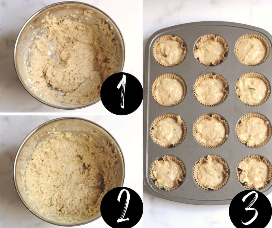 Step by step guide on how to make sourdough zucchini muffins. There is a collage with three images shown.