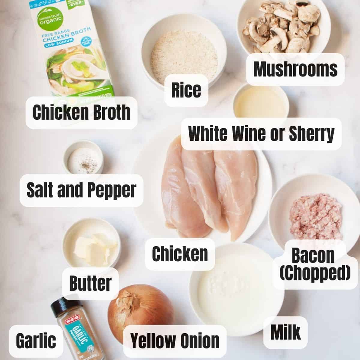 The ingredients needed to make cast iron skillet chicken and rice.