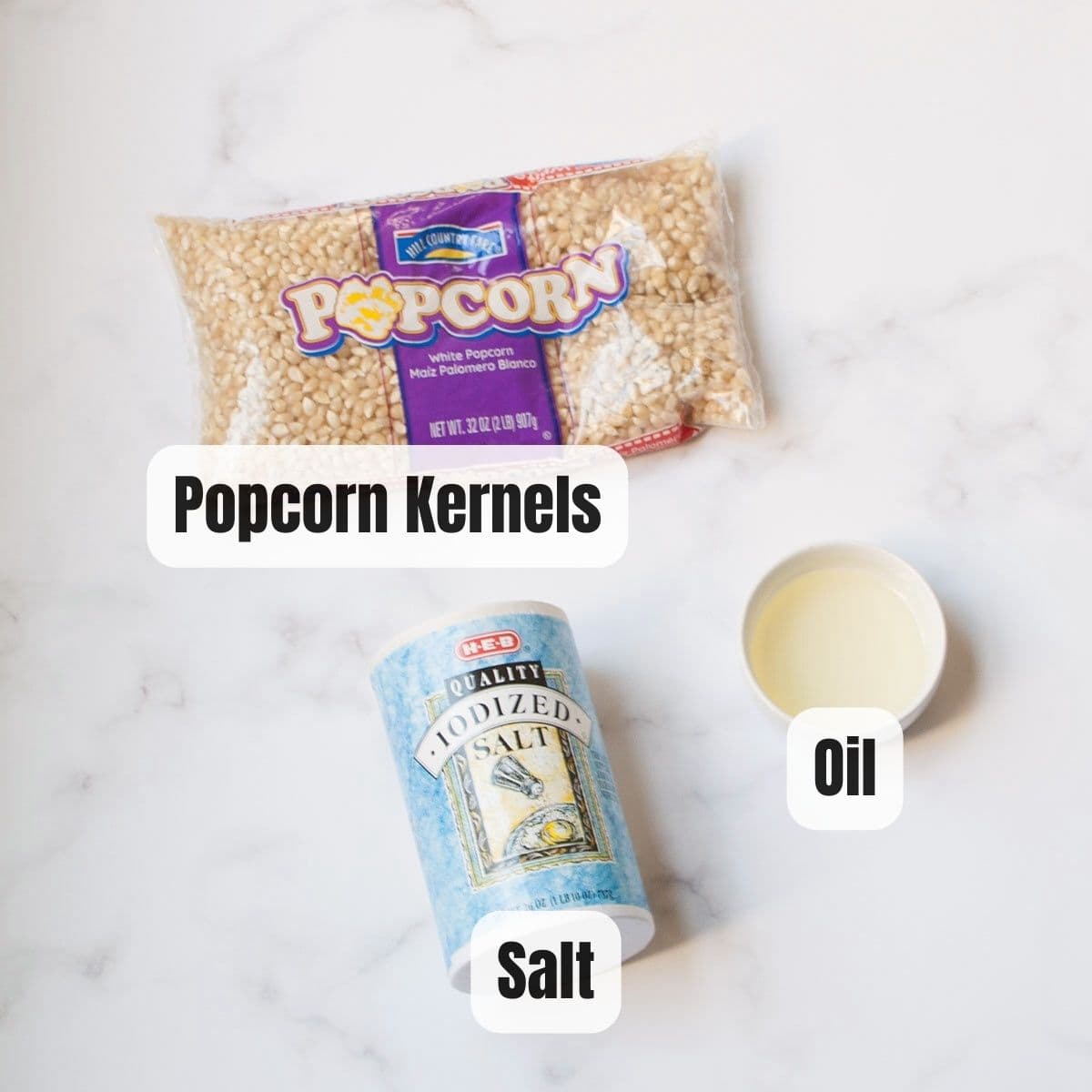 The ingredients needed to make cast iron skillet popcorn.