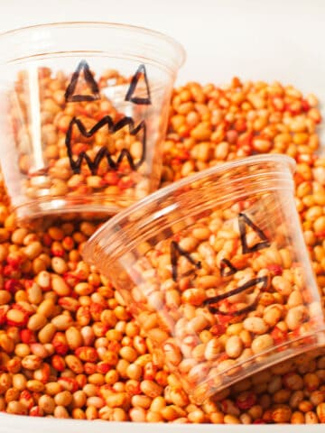 A pumpkin themed sensory bin meant for toddlers and preschoolers. There are small beans that have been dyed orange and cups with pumpkin faces on them.