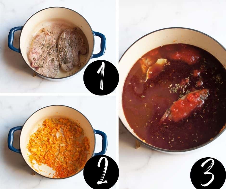 A collage with three images showing how to make Agnello Brasato (Italian Braised Lamb).