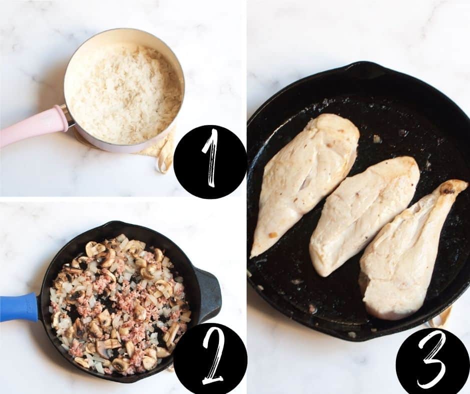 A step by step guide on how to make cast iron skillet chicken and rice. Steps 1, 2 and 3 shown.