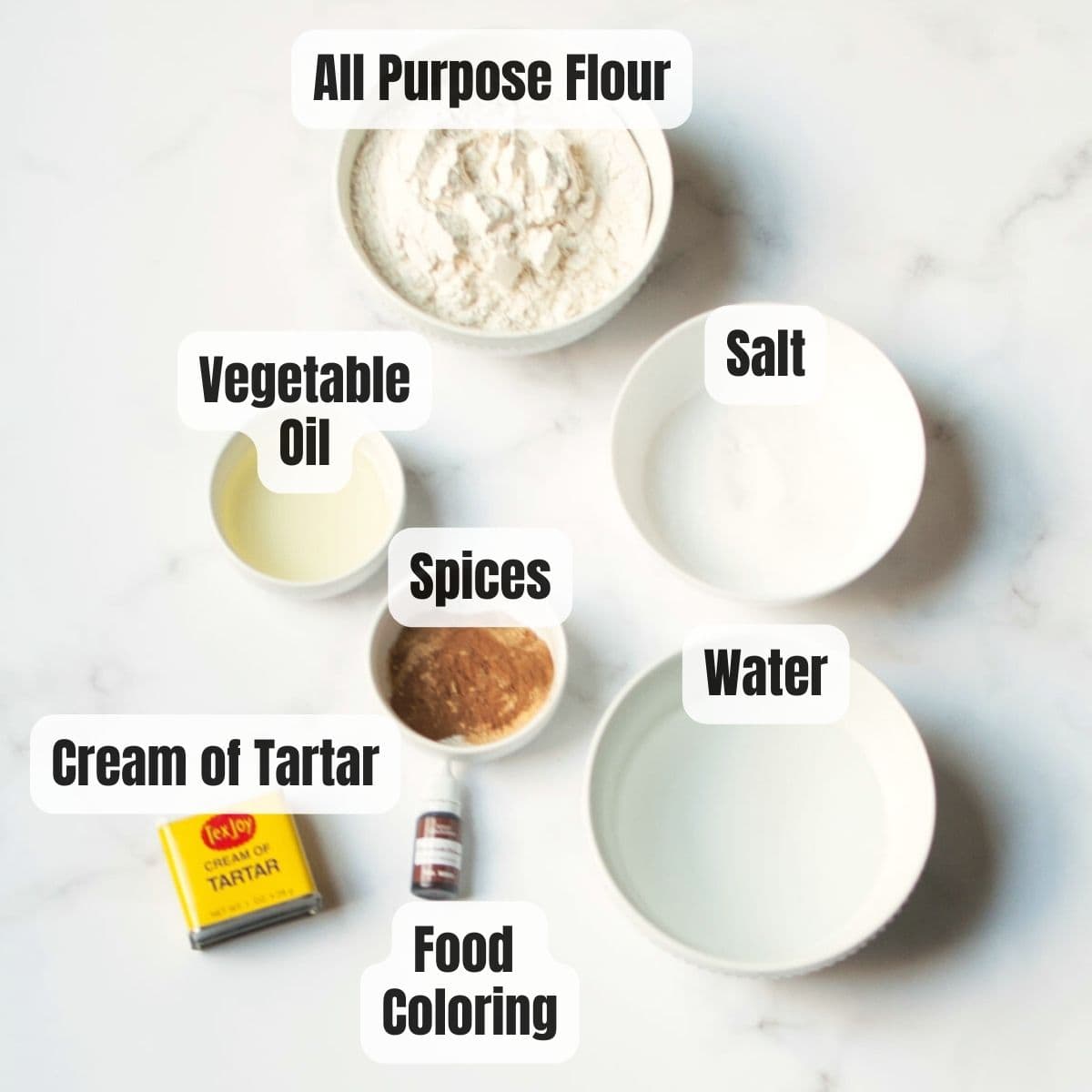 The ingredients needed to make no cook gingerbread play dough.