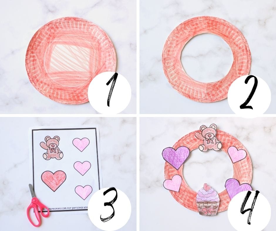 A step by step guide on how to make a Valentine's Day Paper Plate Wreath for Kids.