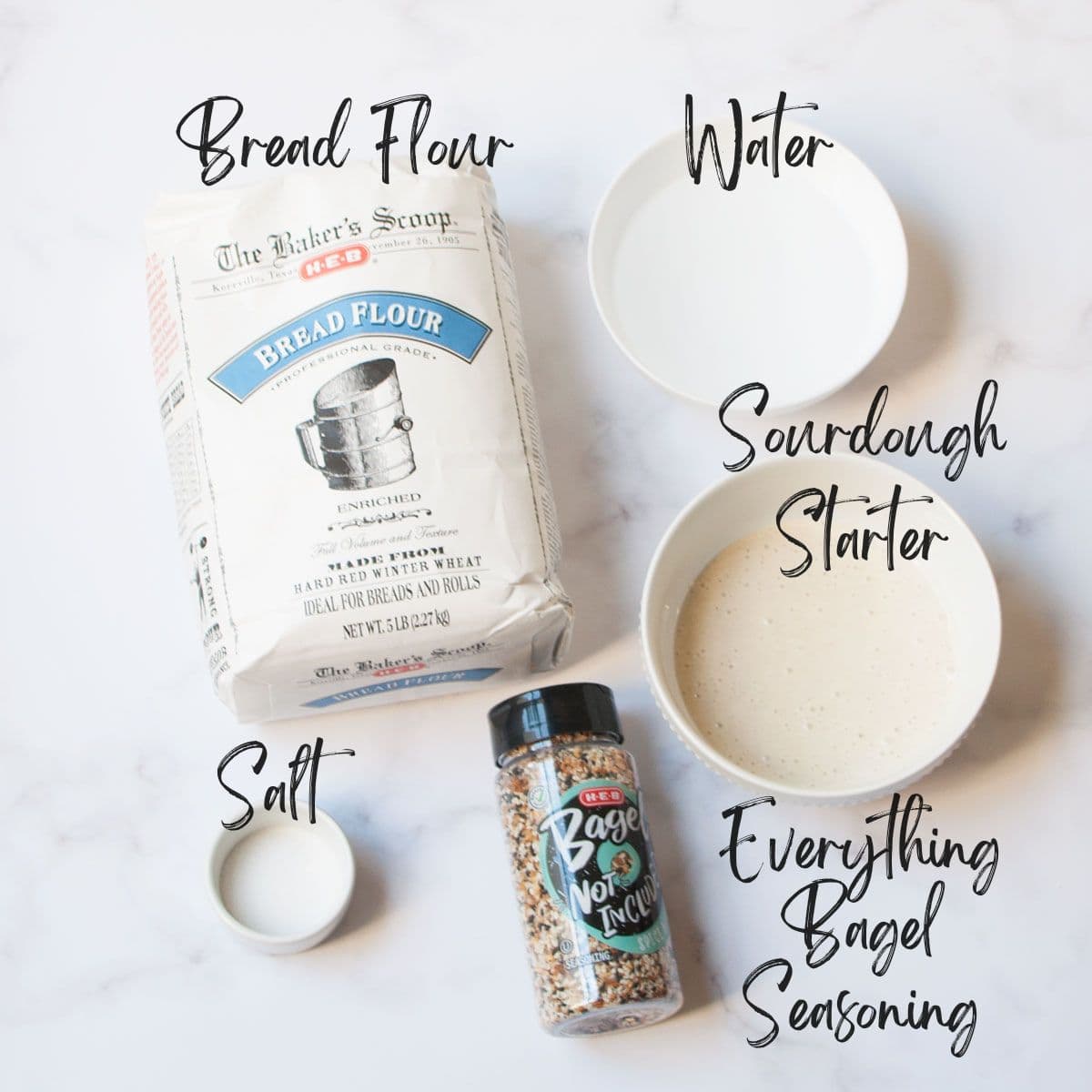 The ingredients needed to make everything bagel sourdough bread.