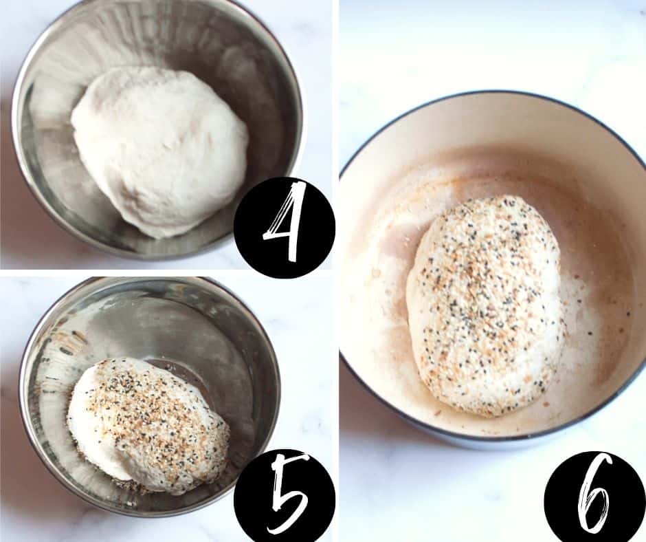 A collage showing a step by step guide on how to make everything bagel sourdough bread steps 4 through 6.