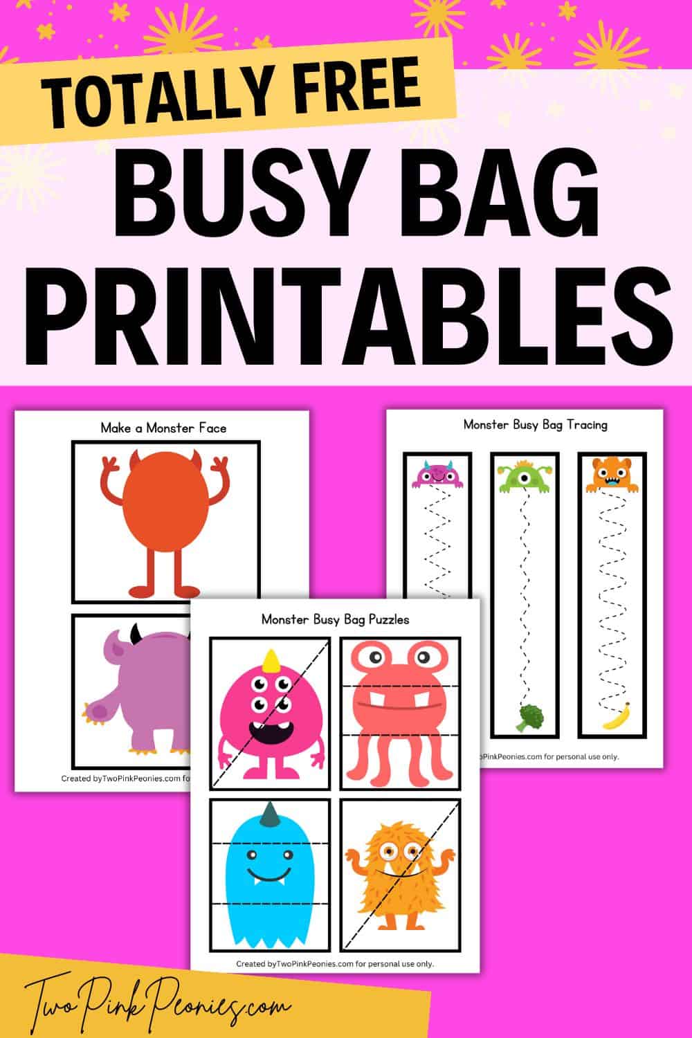 Text that says, "Totally free busy bag printables." Below the text are mock ups of some of the busy bag pages.