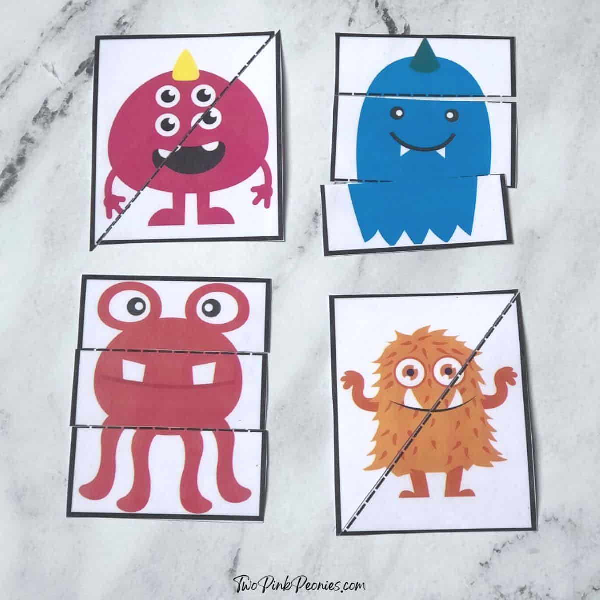 Four busy bag monster puzzles.