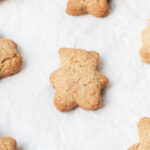 A bear shaped sourdough graham cracker on a white background.