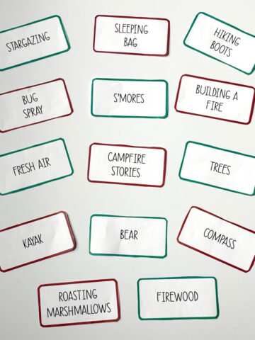 A photograph of the printable camping charades cut out on a white background.
