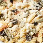 An up close photograph of copycat Chicken Salad Chick pasta salad.