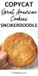 Text that says, "Copycat Great American Cookies Snickerdoodle" below the text is a photo of a hand holding a Copycat Great American Cookies Snickerdoodle cookie.