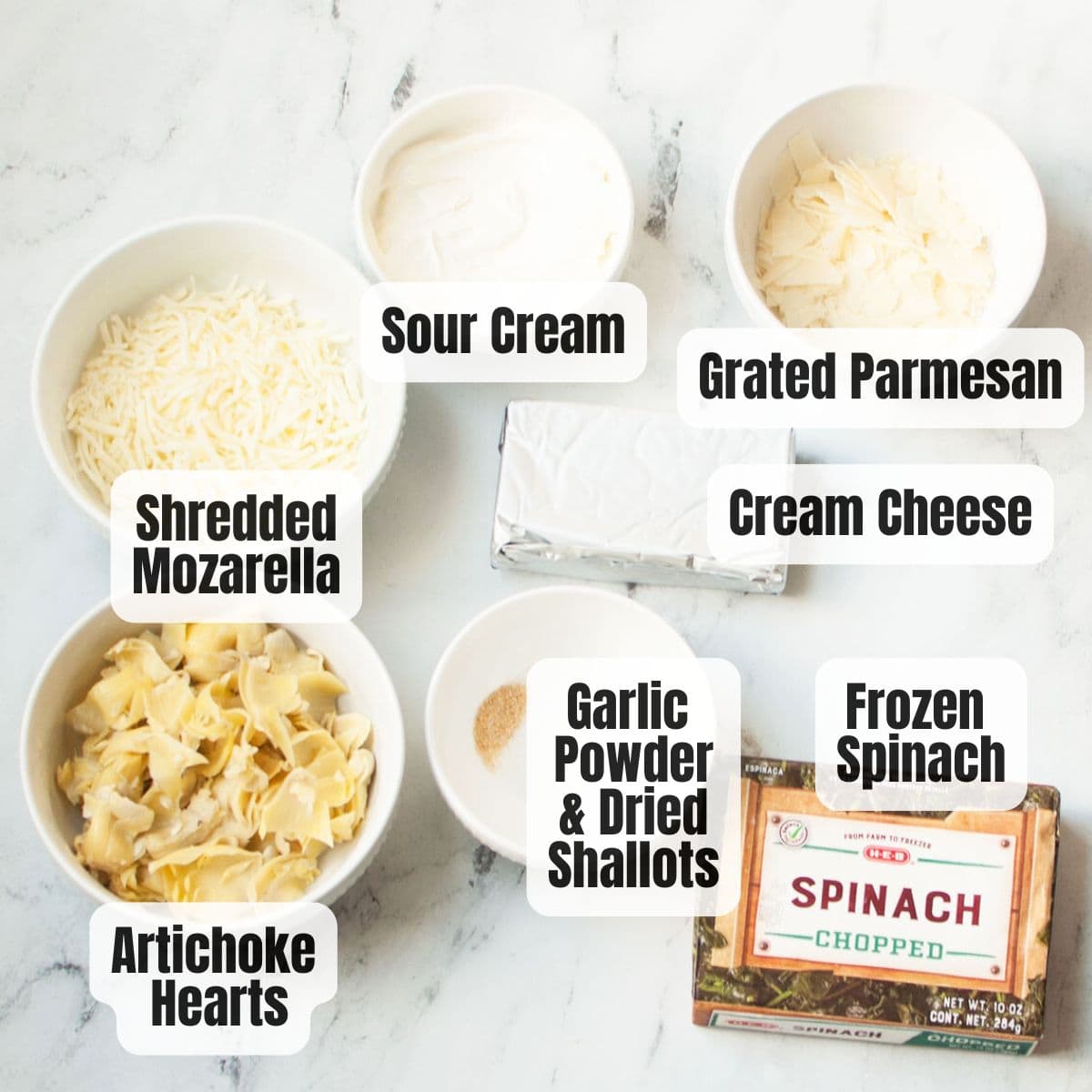 The ingredients needed to make Copycat Cheesecake Factory Spinach Dip.