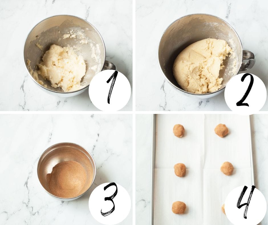 A collage showing the steps needed to make Copycat Great American Cookies Snickerdoodles.