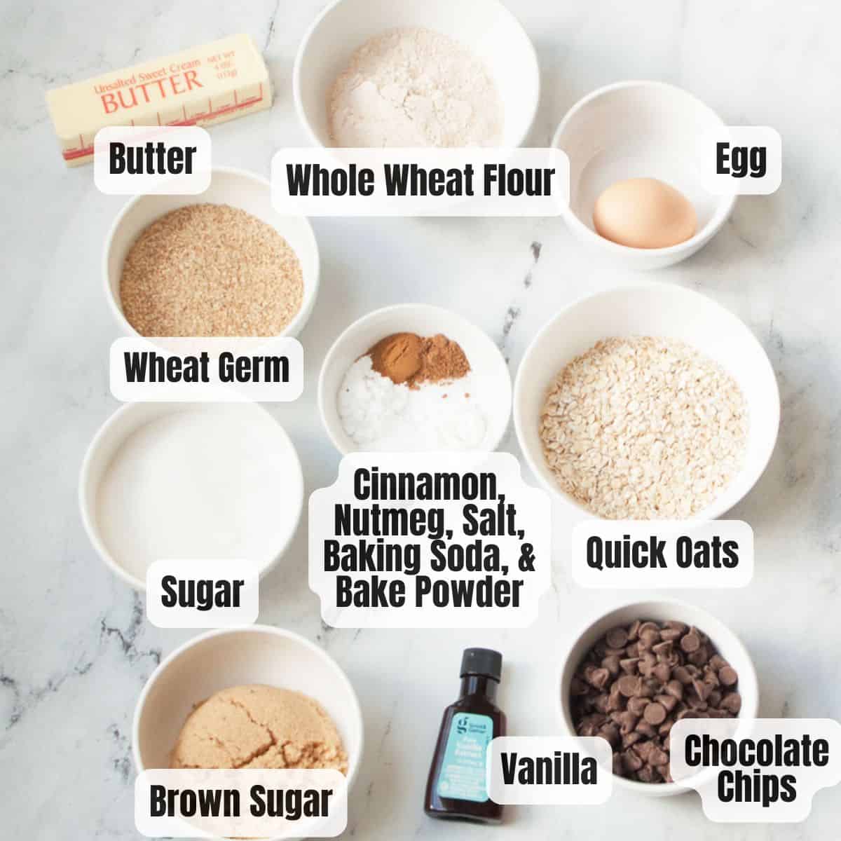 The ingredients needed to make wheat germ cookies.