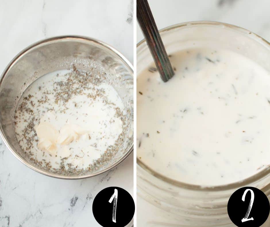 A collage with two images showing how to make copycat Salata ranch dressing.