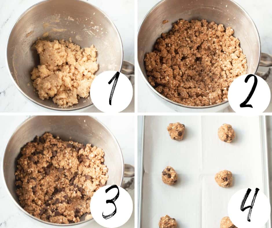 A collage with four images showing each step of how to make wheat germ cookies.