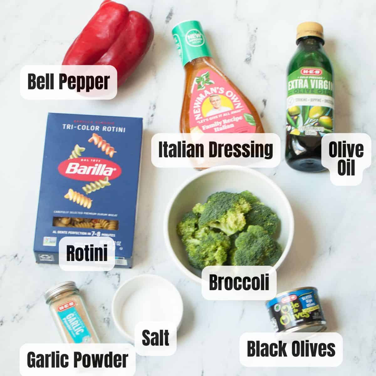 The ingredients needed to make Copycat Jason's Deli Pasta Salad.