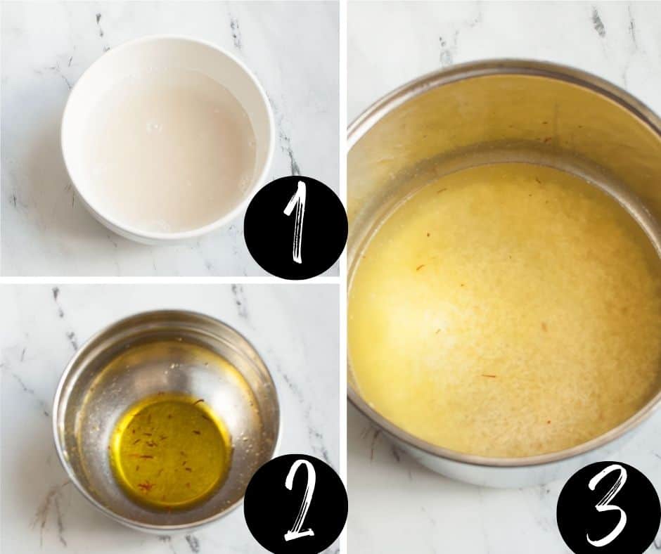 A collage labeled 1, 2, and 3 showing each step of how to make Copycat Cava Saffron Rice.