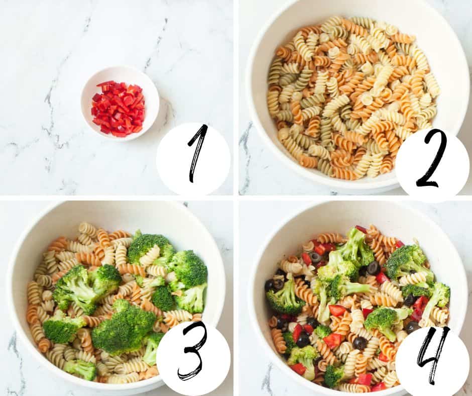 A collage with four images showing each step of how to make Copycat Jason's Deli Pasta Salad.