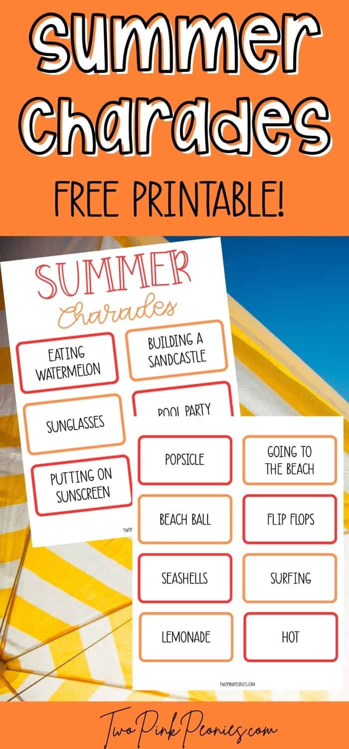 Text that says, "summer charades free download" below the text are mock ups of the printable charade cards.