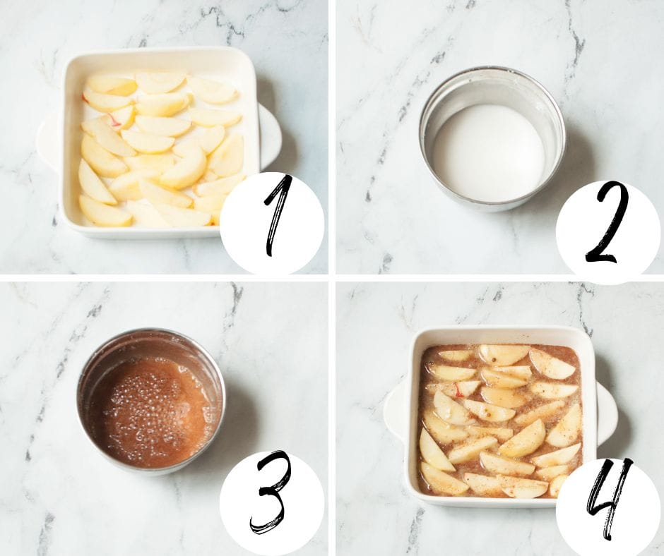 A collage with four images showing each step of how to make copycat Boston Market Cinnamon Apples..