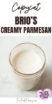 Text that says, "Copycat Brio's Creamy Parmesan" with a photograph of the salad dressing in a mason jar below.