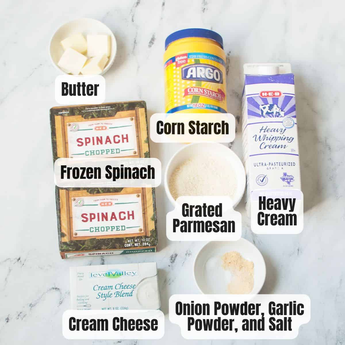 The ingredients needed to make Copycat Boston Market Creamed Spinach.