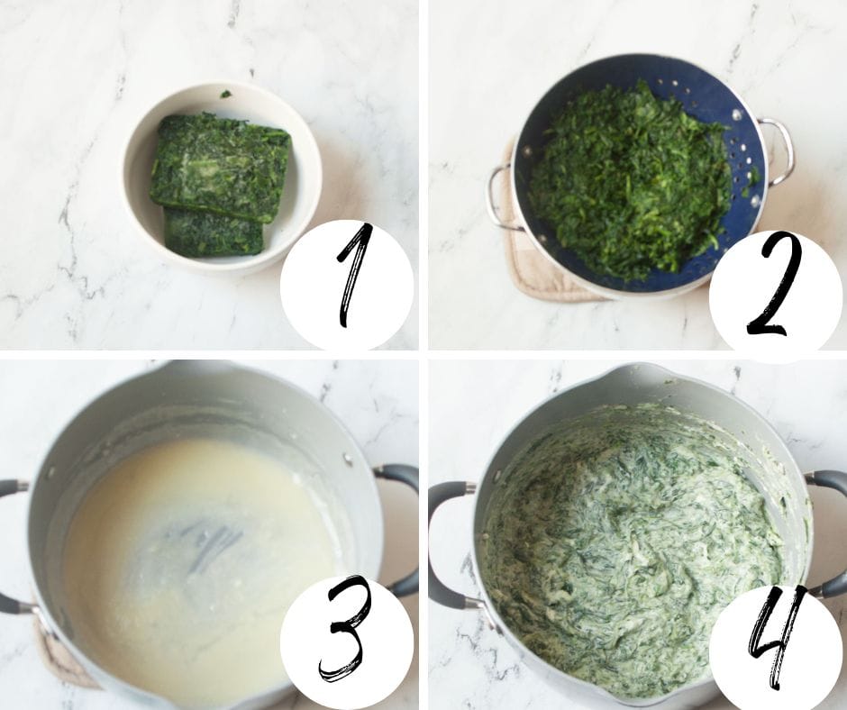 A collage with four images showing each step of how to make Copycat Boston Market Creamed Spinach.